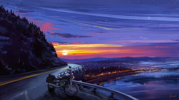 Anime picture 1920x1080 with original aenami highres wide image wallpaper evening sunset no people landscape scenic river star (stars) ground vehicle sun road motorcycle