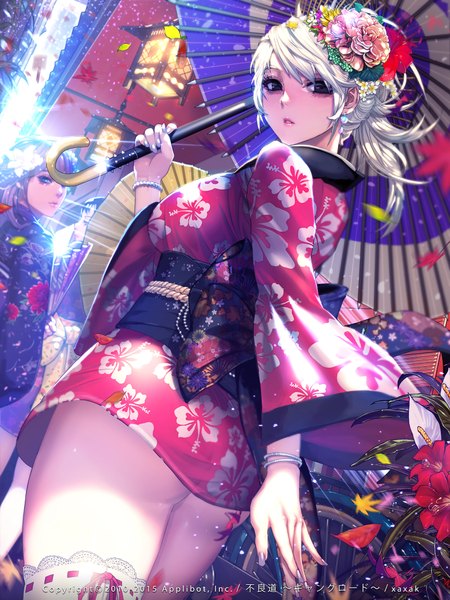 Anime picture 1600x2133 with furyou michi ~gang road~ xaxak tall image looking at viewer short hair light erotic white hair traditional clothes japanese clothes looking back hair flower black eyes girl thighhighs hair ornament flower (flowers) petals white thighhighs kimono umbrella