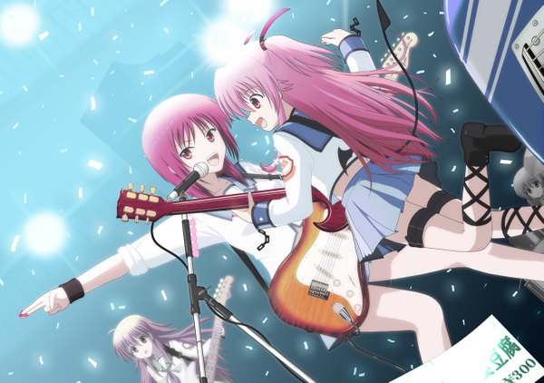 Anime picture 1311x923 with angel beats! key (studio) yui (angel beats!) iwasawa masami sekine shiori irie (angel beats!) sora (aki00) long hair short hair open mouth smile red eyes holding pink hair bent knee (knees) tail pleated skirt two side up demon tail demon wings