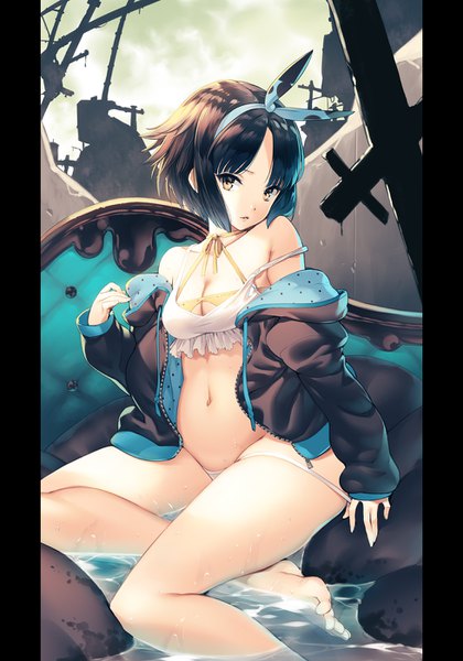 Anime picture 980x1400 with original hirano katsuyuki single tall image looking at viewer fringe short hair breasts open mouth light erotic black hair sitting yellow eyes cleavage barefoot off shoulder open jacket strap slip ruins bikini pull