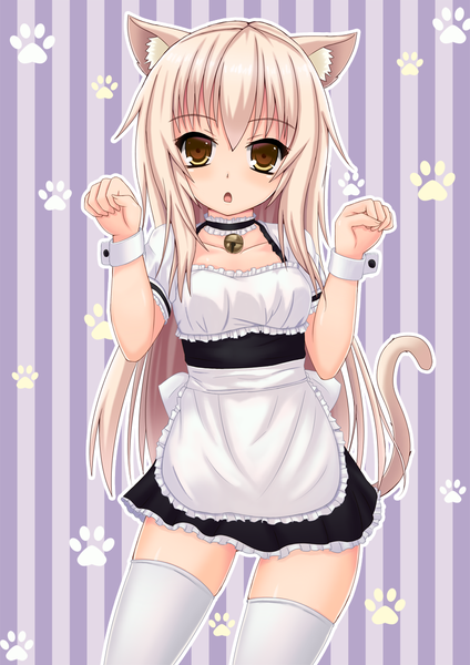 Anime picture 800x1132 with original morimon single long hair tall image blush open mouth blonde hair brown eyes animal ears tail animal tail cat ears maid cat girl cat tail girl thighhighs dress white thighhighs