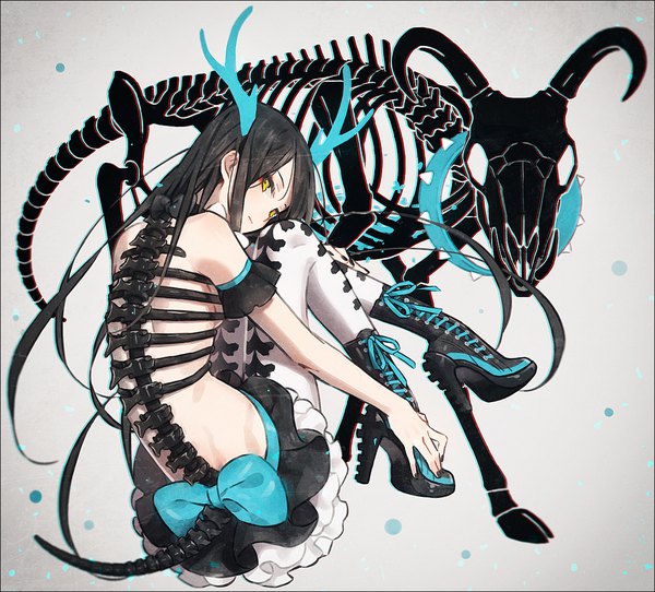 Anime picture 1100x994 with original hakusai (tiahszld) single long hair looking at viewer blush fringe light erotic black hair simple background sitting yellow eyes full body nail polish looking back grey background short sleeves high heels eyeshadow skeleton