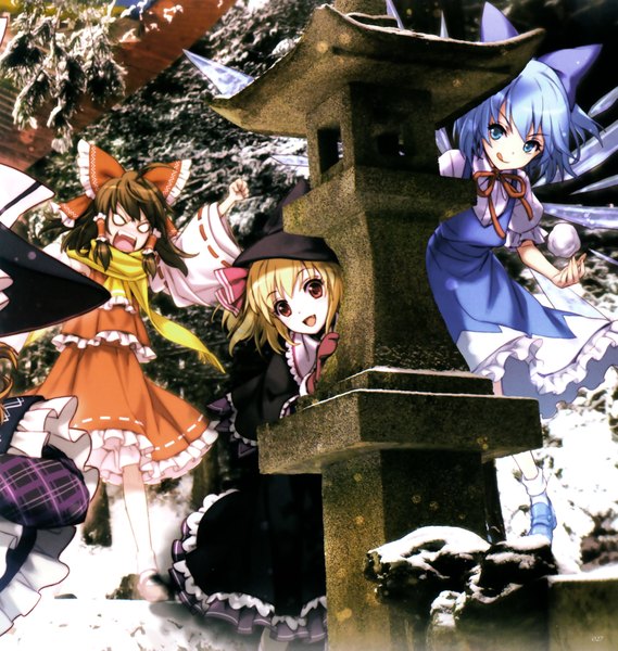 Anime picture 2001x2109 with touhou gensou kaikyou (artbook) hakurei reimu cirno rumia an2a long hair tall image highres short hair open mouth blue eyes blonde hair smile red eyes brown hair blue hair traditional clothes teeth fang (fangs)
