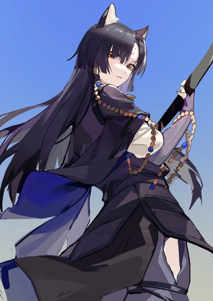 Anime picture 1860x2622 with arknights saga (arknights) yeyuanqianqianqian single long hair tall image looking at viewer highres black hair simple background brown eyes animal ears payot looking back from below gradient background forehead mark dog ears girl