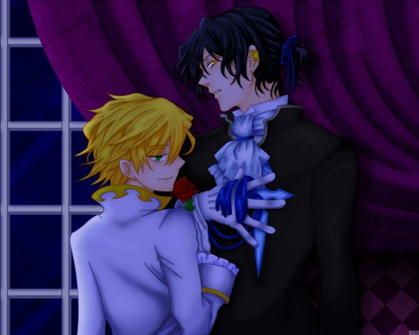 Anime picture 1280x1024 with pandora hearts xebec oz vessalius gilbert nightray short hair black hair blonde hair green eyes yellow eyes looking back from behind night boy gloves window neckerchief