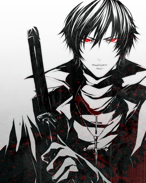 Anime picture 1000x1250 with togainu no chi nitro+chiral shiki (tnc) pizaya single tall image looking at viewer short hair black hair red eyes holding monochrome boy gloves sword katana blood cloak cross