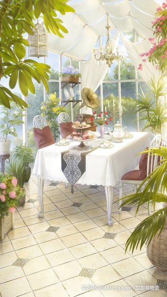 Anime picture 1536x2726 with original esha tall image indoors no people flower (flowers) plant (plants) food window sweets chair table cake candle (candles) potted plant tiles teapot vase cookie (cookies) cage
