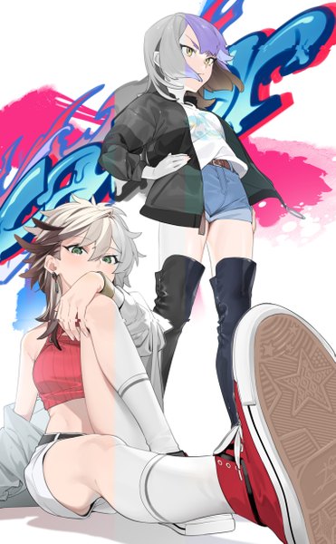 Anime picture 1517x2453 with original ohisashiburi tall image looking at viewer fringe short hair hair between eyes standing white background sitting multiple girls green eyes yellow eyes looking away silver hair full body bent knee (knees) multicolored hair grey hair off shoulder
