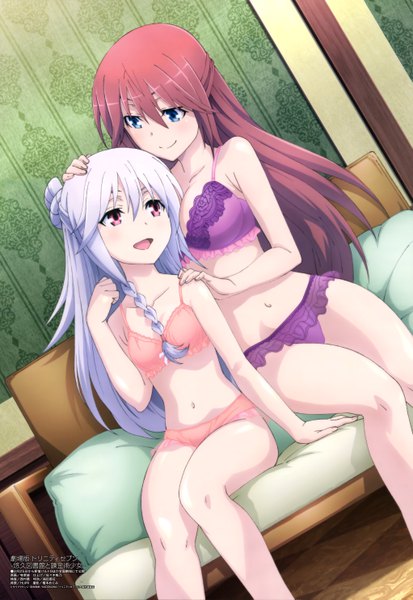 Anime picture 4086x5929 with trinity seven megami magazine asami lilith lilim (trinity seven) maki takao long hair tall image highres open mouth blue eyes light erotic smile sitting purple eyes multiple girls absurdres white hair red hair indoors official art