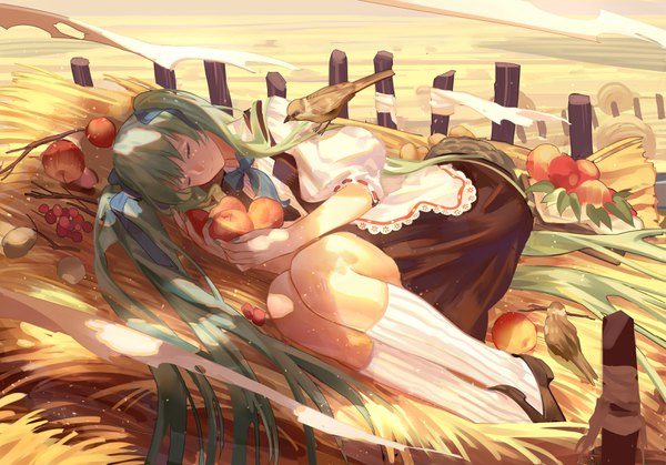 Anime picture 3145x2200 with vocaloid hatsune miku zicai tang single highres smile twintails absurdres full body outdoors eyes closed very long hair nail polish aqua hair short sleeves puffy sleeves on side sleeping bird on hand embryo's pose