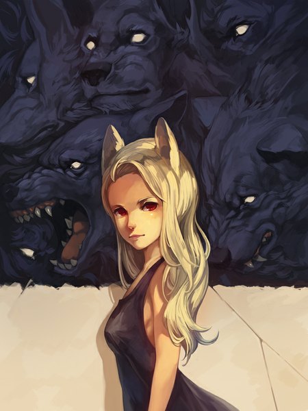 Anime picture 614x819 with original jiro (ninetysix) long hair tall image looking at viewer open mouth blonde hair red eyes bare shoulders animal ears teeth fang (fangs) wolf ears girl dress tongue black dress