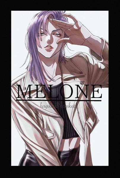 Anime picture 1181x1748 with jojo no kimyou na bouken melone hagiko single long hair tall image looking at viewer blue eyes simple background white background signed purple hair parted lips open jacket character names lipstick border red lipstick boy jacket