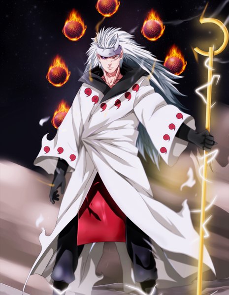 Anime picture 2239x2887 with naruto studio pierrot naruto (series) uchiha madara anvmadara single long hair tall image looking at viewer highres standing coloring glowing glowing weapon rinnegan aura boy weapon suit staff