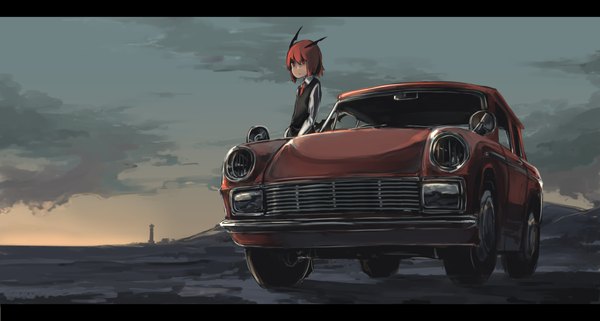 Anime picture 1568x840 with original cacao choco mame single looking at viewer short hair red eyes wide image standing sky cloud (clouds) red hair bat wings head wings hands in pockets boy wings necktie suit ground vehicle car
