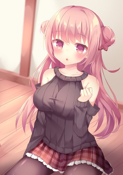 Anime picture 1764x2508 with original tsuruse single long hair tall image looking at viewer blush fringe highres breasts open mouth large breasts sitting bare shoulders payot pink hair indoors long sleeves pink eyes blurry