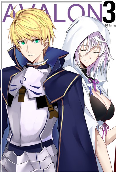 Anime picture 676x1000 with fate (series) fate/prototype merlin (fate) arthur pendragon (fate) shijiu (adamhutt) tall image looking at viewer fringe short hair light erotic simple background blonde hair smile hair between eyes green eyes pink hair cleavage white hair eyes closed parted lips