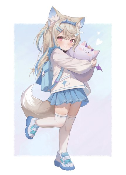 Anime picture 2870x4000 with virtual youtuber hololive hololive english fuwawa abyssgard perroccino (fuwamoco) midori xu single long hair tall image looking at viewer blush fringe highres blonde hair hair between eyes standing animal ears full body bent knee (knees) tail