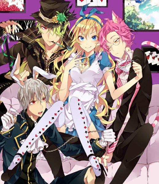 Anime picture 700x810 with alice in wonderland alice (alice in wonderland) white rabbit cheshire cat mad hatter tobari (brokenxxx) long hair tall image looking at viewer blush short hair breasts open mouth blue eyes blonde hair smile red eyes purple eyes animal ears yellow eyes