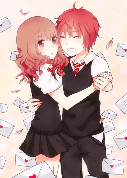 Anime-Bild 642x900 mit harry potter hermione granger ron weasley sera (serappi) long hair tall image looking at viewer blush fringe short hair smile brown eyes looking away red hair eyes closed pleated skirt short sleeves couple wavy hair freckles