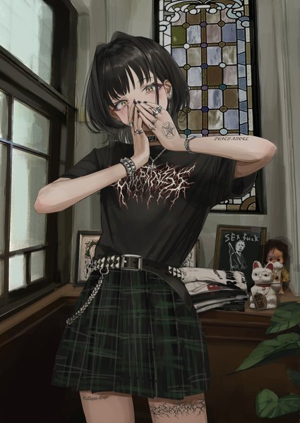 Anime picture 3767x5324 with original nadegata single tall image looking at viewer blush fringe highres short hair black hair standing yellow eyes absurdres indoors nail polish head tilt short sleeves tattoo covered mouth black nail polish