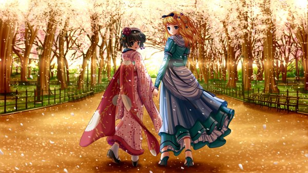 Anime picture 1920x1080 with ikoku meiro no croisee satelight yune (ikoku meiro no croisee) alice blanche ilolamai long hair highres short hair blue eyes black hair blonde hair wide image multiple girls japanese clothes black eyes girl dress 2 girls plant (plants) tree (trees)