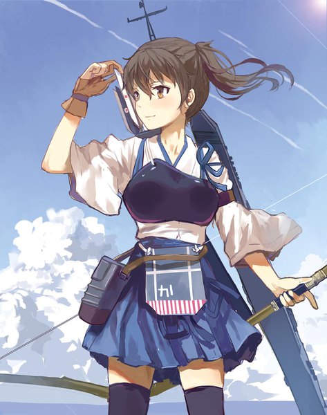 Anime picture 1000x1267 with kantai collection kaga aircraft carrier stflash single tall image fringe short hair hair between eyes brown hair standing brown eyes looking away sky cloud (clouds) wind side ponytail horizon girl thighhighs weapon