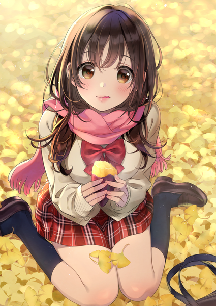 Anime picture 860x1214 with original morikura en single long hair tall image looking at viewer blush fringe brown hair sitting holding brown eyes full body outdoors from above lips wariza :q autumn girl