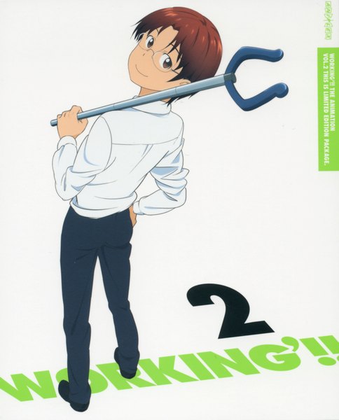 Anime picture 3240x4013 with working!! a-1 pictures takanashi souta single tall image highres short hair simple background smile brown hair white background brown eyes absurdres full body looking back inscription boy shirt glasses