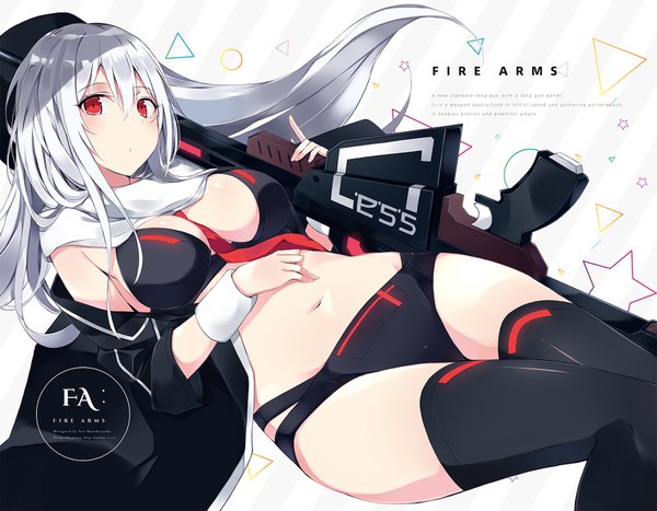 Anime picture 1600x1246 with phantasy star phantasy star online 2 sega kurebayashi noe single long hair looking at viewer blush fringe breasts light erotic hair between eyes red eyes large breasts white background cleavage silver hair bent knee (knees) lying bare belly