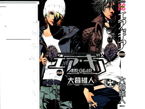 Anime picture 2133x1600 with air gear toei animation minami itsuki mikura kazuma highres short hair blonde hair simple background white background grey hair inscription multiple boys black background logo boy jacket belt 2 boys cross sunglasses