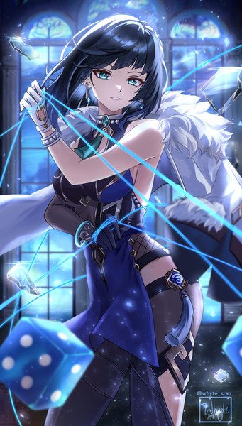 Anime picture 853x1500 with genshin impact yelan (genshin impact) whyte srsn single tall image looking at viewer fringe short hair blue eyes black hair standing signed twitter username clothes on shoulders girl gloves earrings window tassel vision (genshin impact)