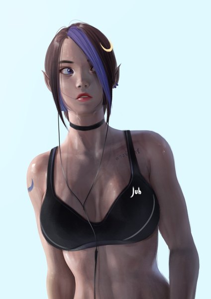Anime picture 1240x1754 with original veilyn (jubi) jubi (regiana) single tall image fringe short hair breasts light erotic black hair simple background purple eyes signed looking away purple hair parted lips multicolored hair pointy ears hair over one eye tattoo