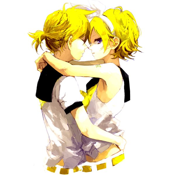 Anime picture 1200x1200 with vocaloid kagamine rin kagamine len mitsui short hair simple background blonde hair white background purple eyes bare shoulders ahoge ponytail eyes closed profile tattoo couple hug twins brother and sister incest