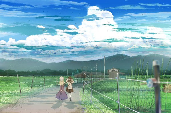 Anime picture 2000x1333 with touhou usami renko maribel hearn tokoroten (hmmuk) long hair highres short hair blonde hair brown hair multiple girls sky from behind hands behind back landscape walking scenic field hill girl thighhighs