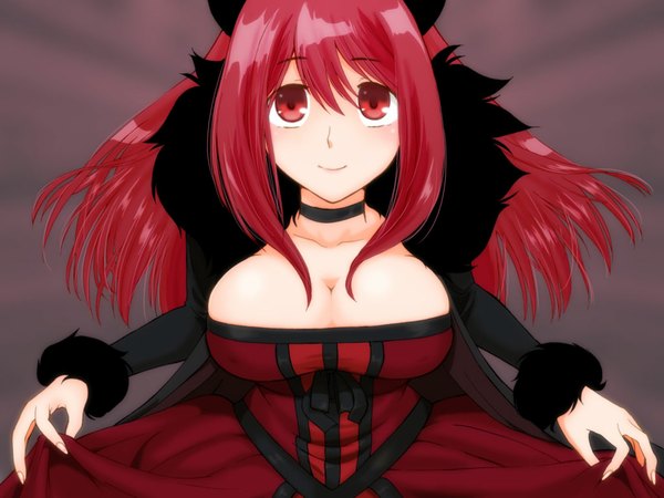 Anime picture 1024x768 with maoyuu maou yuusha arms corporation maou (maoyuu) enami (e373) single long hair blush breasts light erotic smile red eyes large breasts red hair girl dress fur collar