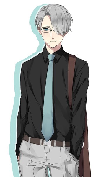 Anime picture 900x1504 with yuri!!! on ice mappa viktor nikiforov na yeon single tall image looking at viewer blush fringe short hair simple background standing white background aqua eyes light smile hair over one eye shadow hands in pockets bespectacled boy