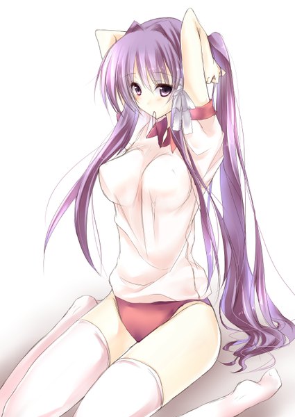 Anime picture 2149x3035 with clannad key (studio) fujibayashi kyou amane ruri single tall image blush highres light erotic simple background white background purple eyes purple hair ponytail no shoes mouth hold girl thighhighs uniform white thighhighs