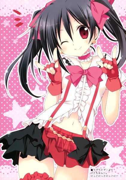Anime picture 2247x3200 with love live! school idol project sunrise (studio) love live! yazawa nico korie riko single long hair tall image highres black hair red eyes twintails one eye closed wink scan mmm girl dress gloves bow