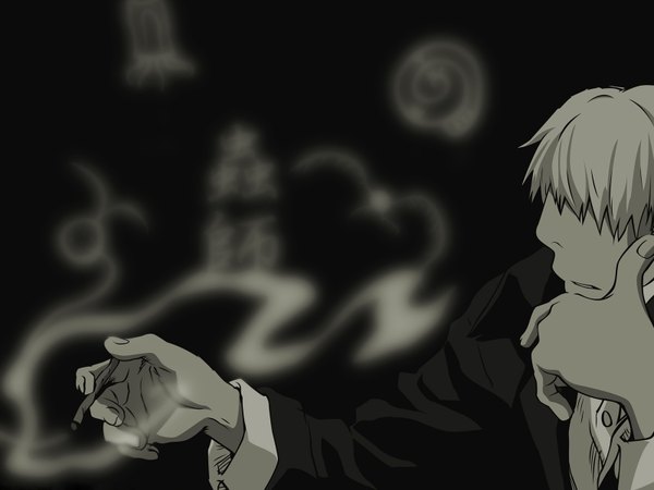 Anime picture 1600x1200 with mushishi ginko tama-neko single short hair white hair arm support black background smoke hair over eyes boy cigarette