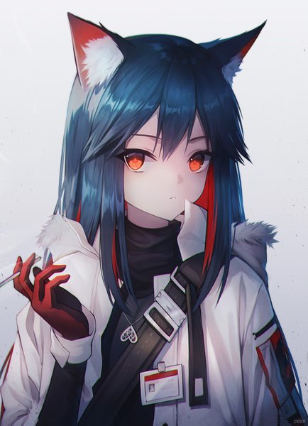 Anime picture 1000x1381 with arknights texas (arknights) inosia single long hair tall image looking at viewer fringe simple background hair between eyes red eyes animal ears blue hair upper body multicolored hair two-tone hair colored inner hair girl gloves jacket