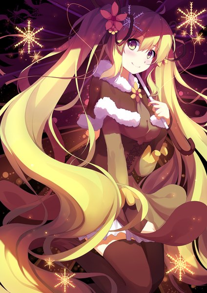 Anime picture 700x990 with vocaloid hatsune miku riki-to single tall image blonde hair smile twintails yellow eyes very long hair hair flower girl thighhighs dress hair ornament flower (flowers) ribbon (ribbons) black thighhighs hair ribbon fur