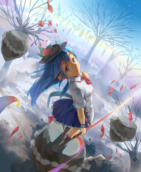 Anime picture 1653x2007 with touhou hinanawi tenshi huanxiang heitu single long hair tall image looking at viewer blue eyes blue hair cloud (clouds) bare tree rock girl skirt weapon plant (plants) hat shirt sword tree (trees)