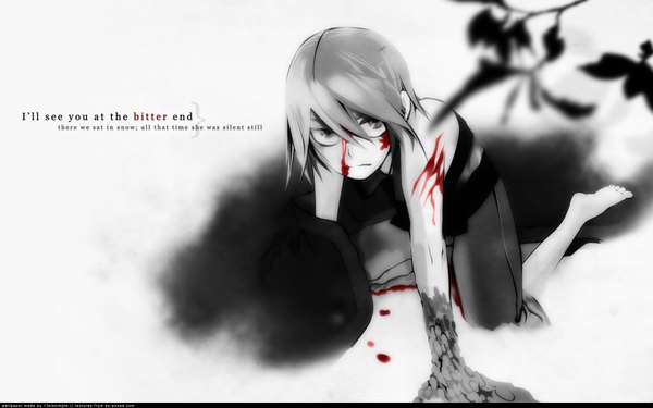 Anime picture 1920x1200 with tagme (copyright) single highres short hair wide image white background barefoot monochrome leaf (leaves) blood branch monster