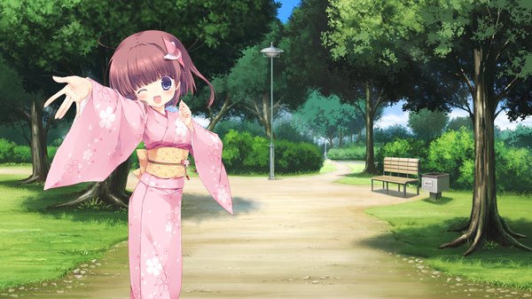 Anime picture 1280x720 with izayoi no fortuna kujou otome miyasaka miyu blush short hair open mouth blue eyes brown hair wide image game cg traditional clothes japanese clothes one eye closed wink loli girl hair ornament plant (plants) tree (trees) kimono