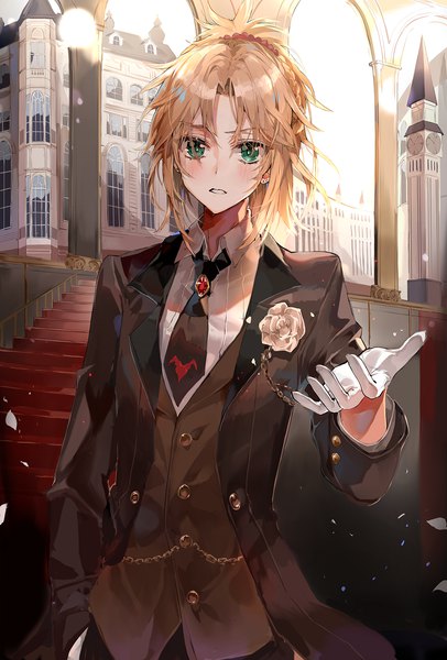Anime picture 1200x1771 with fate (series) fate/grand order fate/apocrypha mordred (fate) b rock single tall image looking at viewer blush fringe short hair blonde hair hair between eyes standing green eyes payot formal heroic spirit formal dress tomboy girl