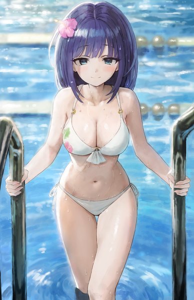 Anime picture 800x1236 with princess connect! re:dive princess connect! misora (princess connect!) sonchi single long hair tall image looking at viewer blush fringe breasts blue eyes light erotic smile large breasts cleavage purple hair blunt bangs hair flower wet