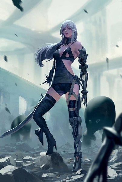 Anime picture 800x1188 with nier nier:automata nier reincarnation yorha type a no. 2 phamoz single long hair tall image looking at viewer fringe breasts light erotic standing holding payot silver hair full body outdoors wind blurry
