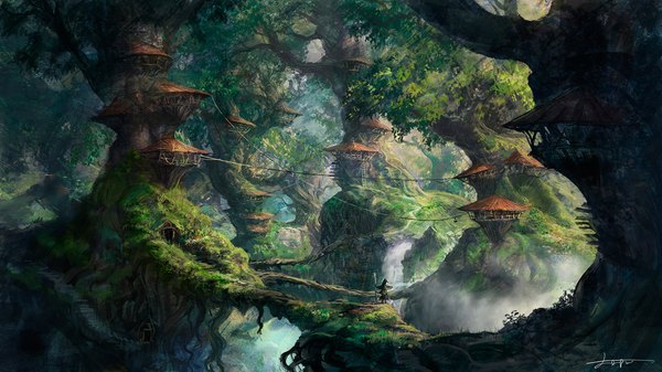 Anime picture 1920x1080 with original you shimizu single highres wide image signed wallpaper landscape fantasy scenic fog wizard plant (plants) tree (trees) building (buildings) staff house bridge