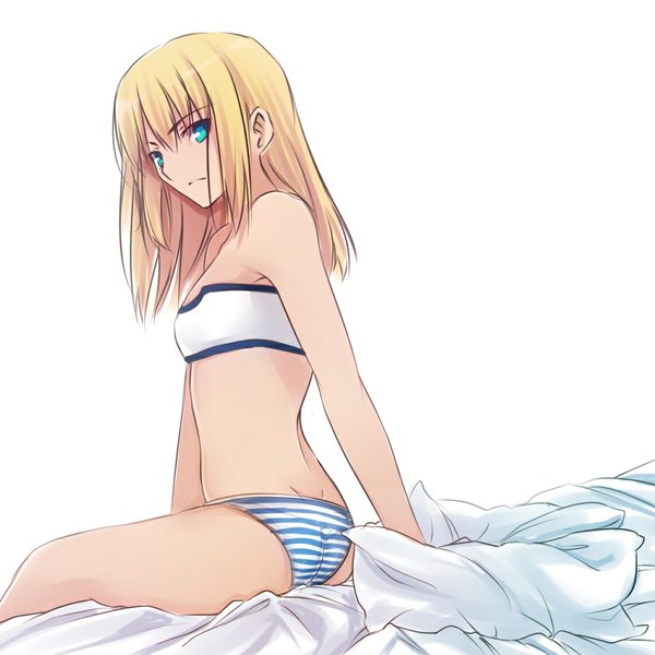 Anime picture 1000x1000 with fate (series) fate/stay night fate/apocrypha studio deen type-moon artoria pendragon (all) saber tusia (malta) single long hair blue eyes light erotic blonde hair bare shoulders ass looking back underwear only girl underwear panties