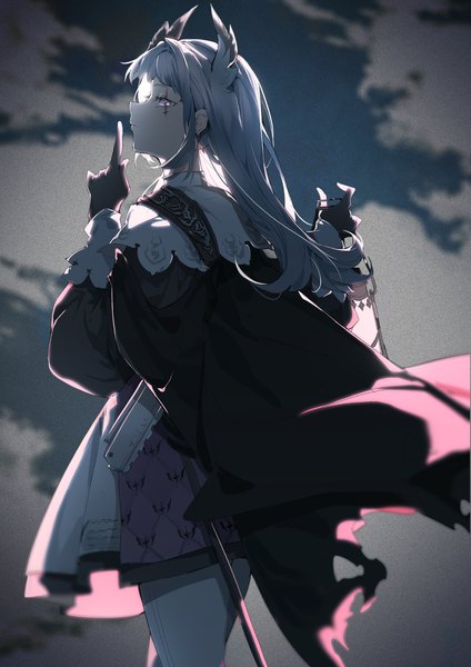 Anime picture 1000x1415 with arknights irene (arknights) indai (3330425) single long hair tall image looking at viewer fringe standing purple eyes silver hair horn (horns) finger to mouth girl gloves earrings black gloves